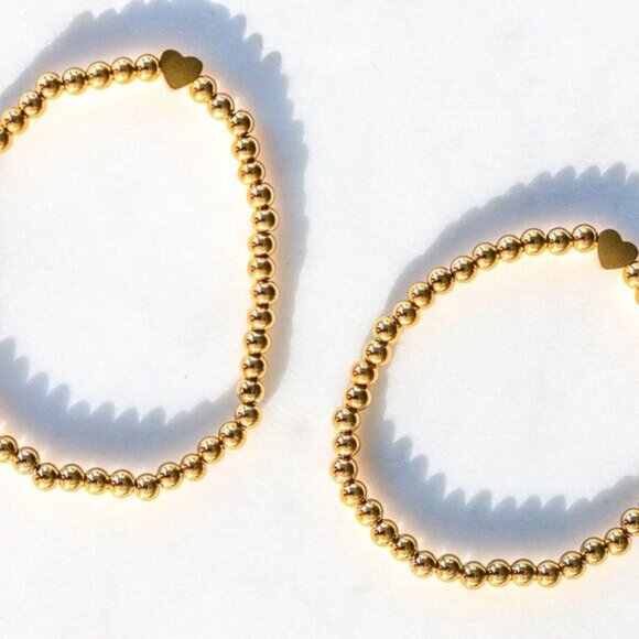 Gold Beaded Stretch Bracelet w/Heart Waterproof Stackable Jewelry Heart Bracelet - Picture 5 of 11